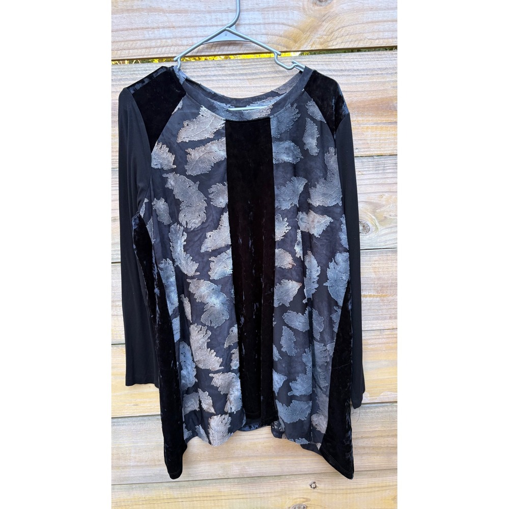 LOGO Lori Goldstein Black Velvet Burnout Feather Tunic Top 1X Long Sleeve Mixed